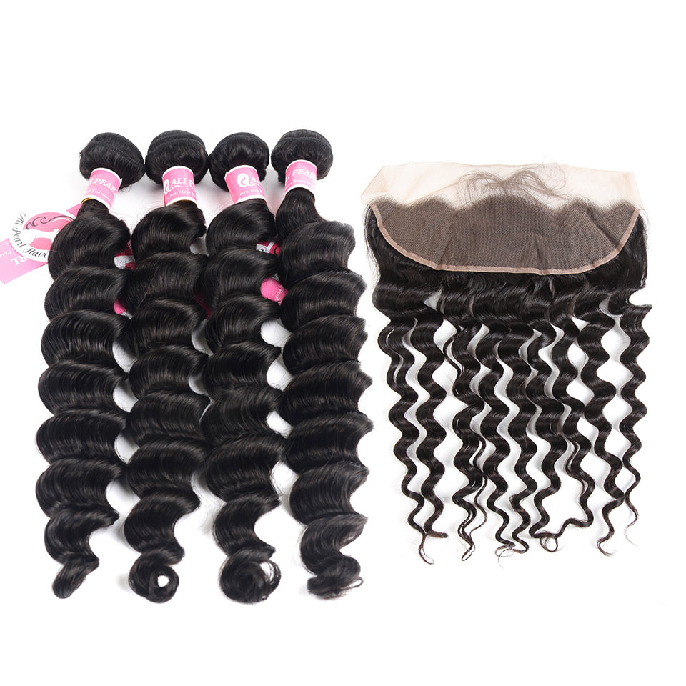 Alipearl Hair Loose Deep Wave Virgin Hair 4 Bundles with Lace Frontal 13 x 4 Inch