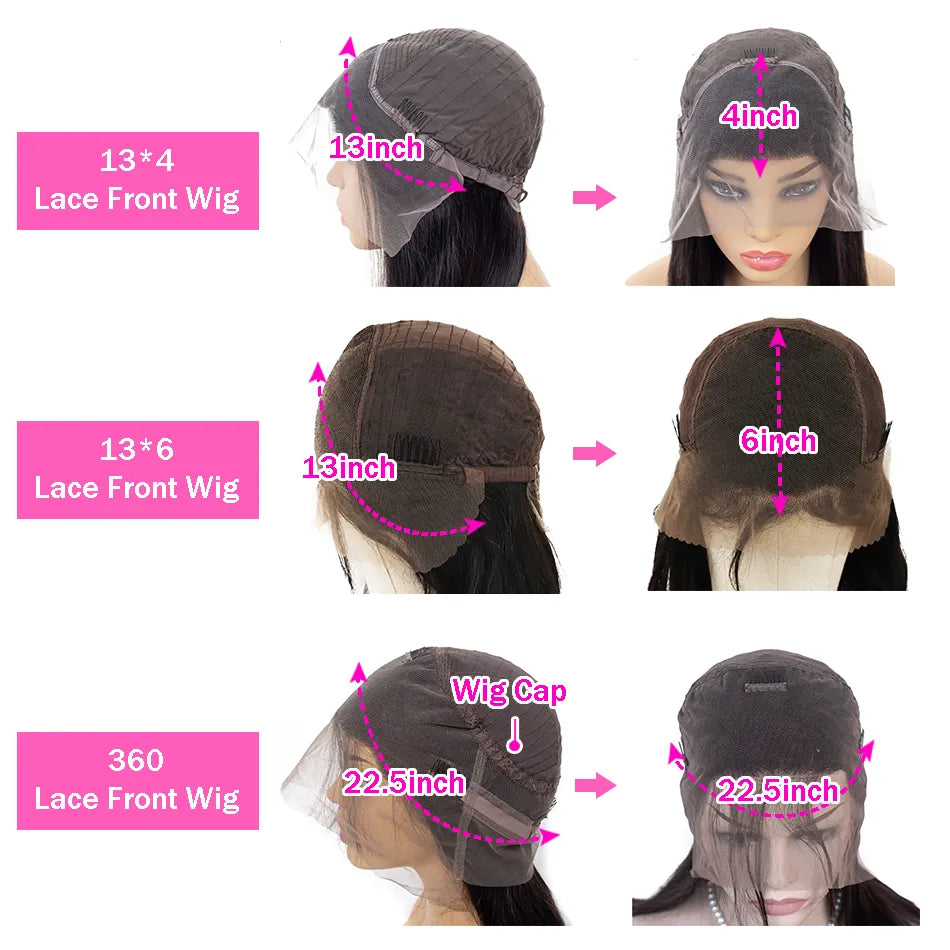 Comparison chart of lace front wigs with measurements and details.