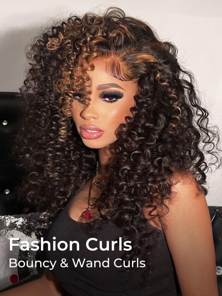 Skunk Stripe 13x4 Lace Frontal Wand Curly Human Hair Wig With Pre Plucked Hairline