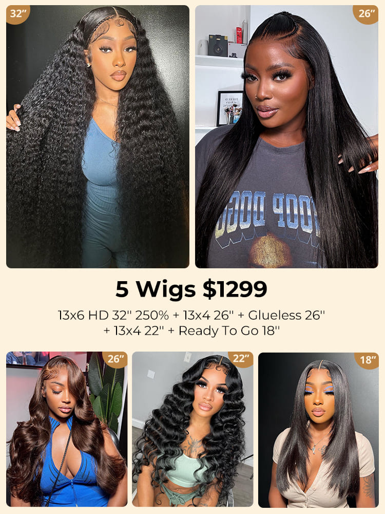 $1299 for 5 Wigs Including 32" 13x6 HD Deep Wave Wig 250% Density and Other Long Wigs