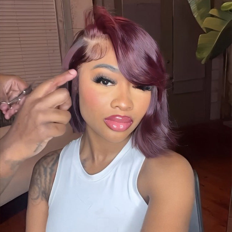 Glueless Dark 99J Color Layered Cut With Side Bang Frontal Bob Wig 