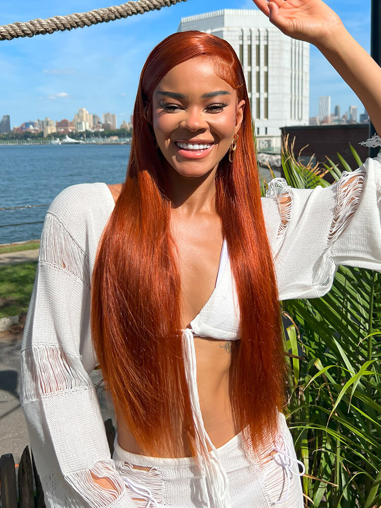 Vacation Mood Copper Ginger Straight 4x7 Glueless Lace Wig Ready To Go