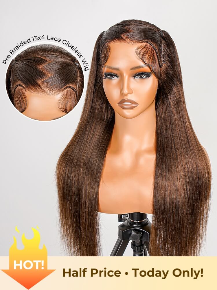 #4 Brown Pre Styled Zig Zag Part Frontal Wig Straight Glueless Lace Wig