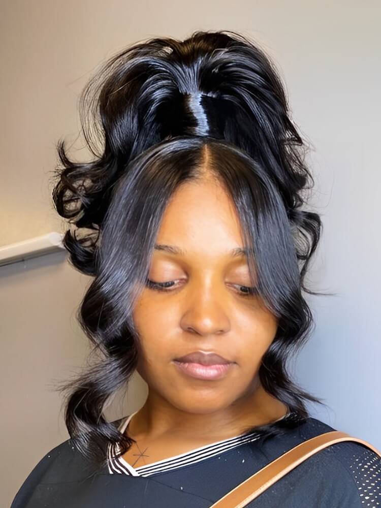 Body Wave Invisi Drawing 360 Lace Wig High Ponytail With Bangs Glueless Wig
