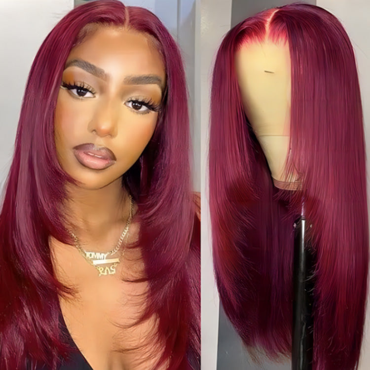 90's Layered Cut Wig 18 Inch 99J Burgundy Hair Ready To Go Closure Wig