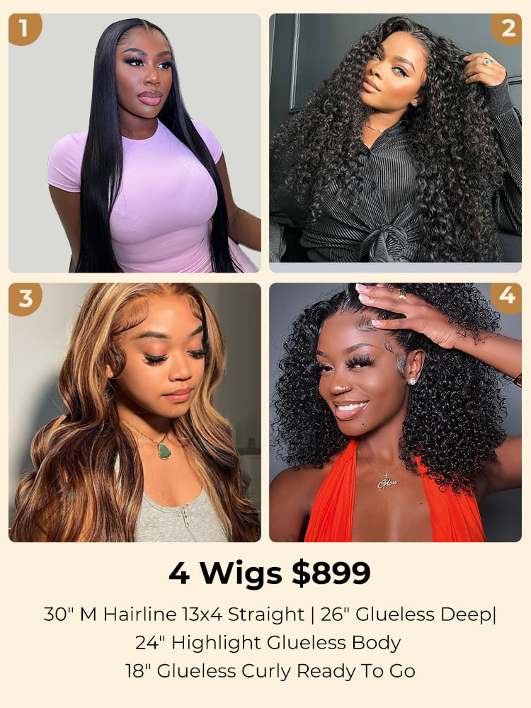 $899 for 4 Wigs Including 30" M Hairline 13x4 Straight and 26" Glueless Deep Wave and Other Options