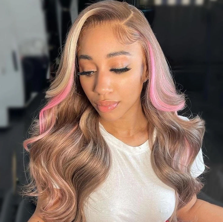 Brown Hair With Pink & Blonde Highlights Body Wave Lace Front Wig | Glemae