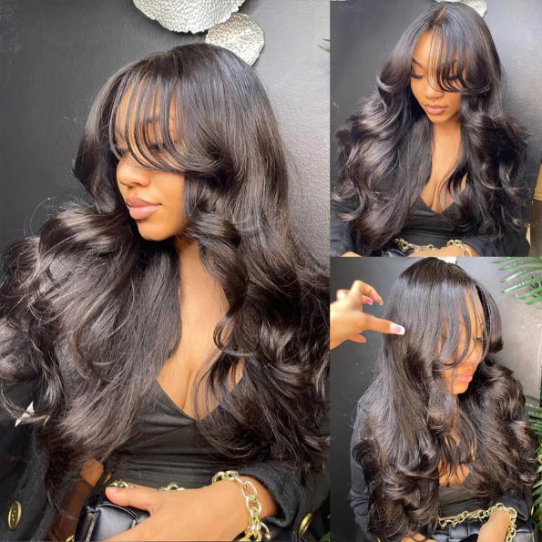 Layered Voluminous Ocean Wave Wig Curtain Bangs 100% Glueless Lace Front | Glemae