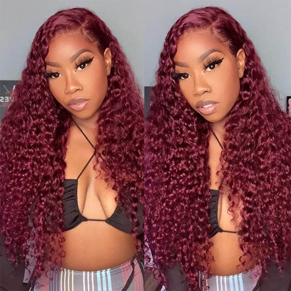 99J Deep Wave Lace Frontal Wigs Afordable 5x5 Lace Human Hair Burgundy Wigs