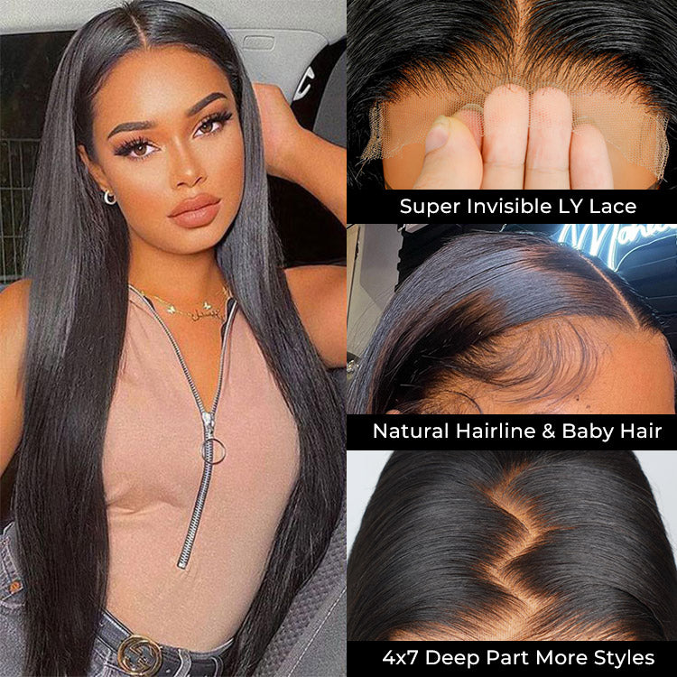 Glueless Ready To Go Straight 4x7 Upgrade Lace Closure Wig for Beginners