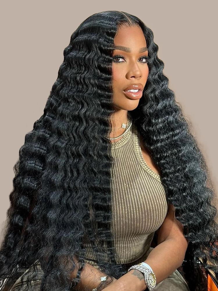 Crimped Hair Wigs Deep Wave 13x4 Invisible Lace Frontal with Pre Plucked Hairline 