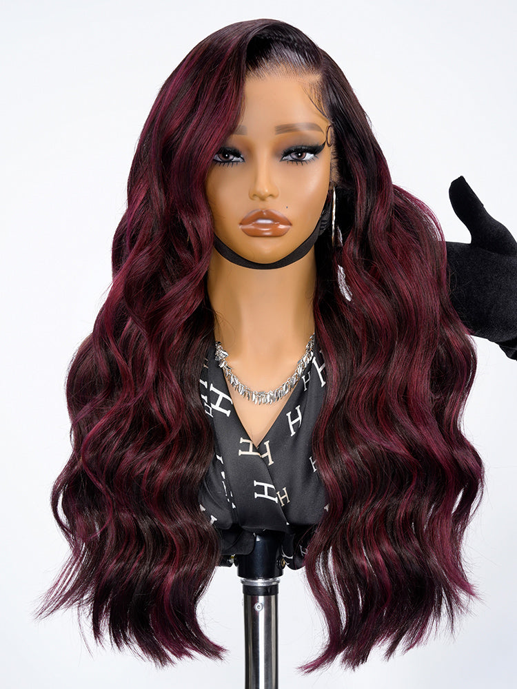 Glueless Highlight Wig Red Burgundy Side Part Body Wave 13x6 Lace Frontal Wig Human Hair