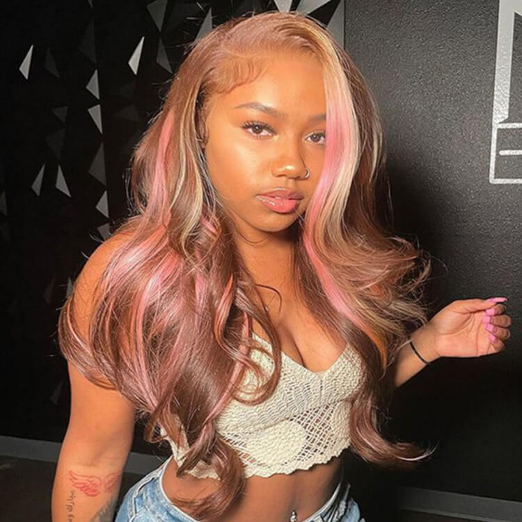 Pink Highlights In Brown Hair Body Wave Lace Wig With Blonde And Pink Highlights