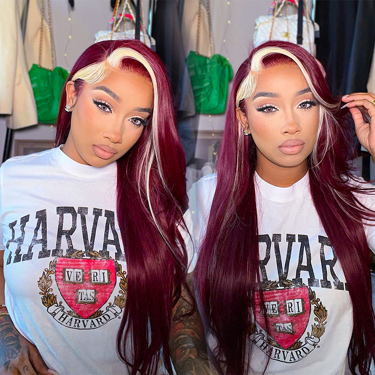 Burgundy With Blonde Highlights Lace Front Wig Skunk Stripe Hair Wigs