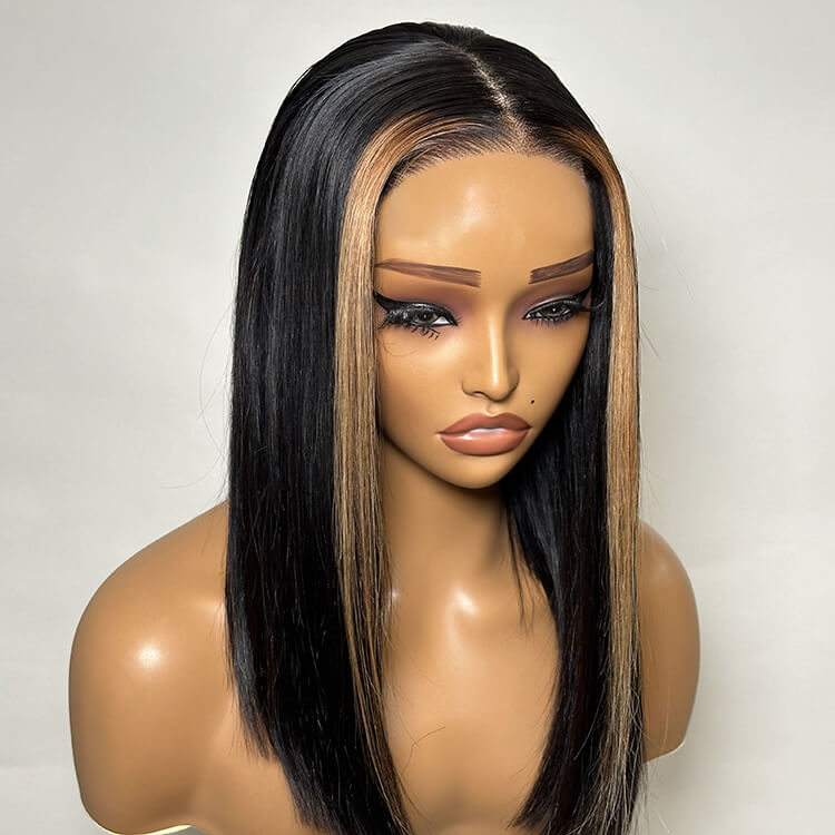 Highlight Ready To Go Wigs Straight Bob Wig With Highlights Streaks In Front Pre-Cut HD Lace Wigs